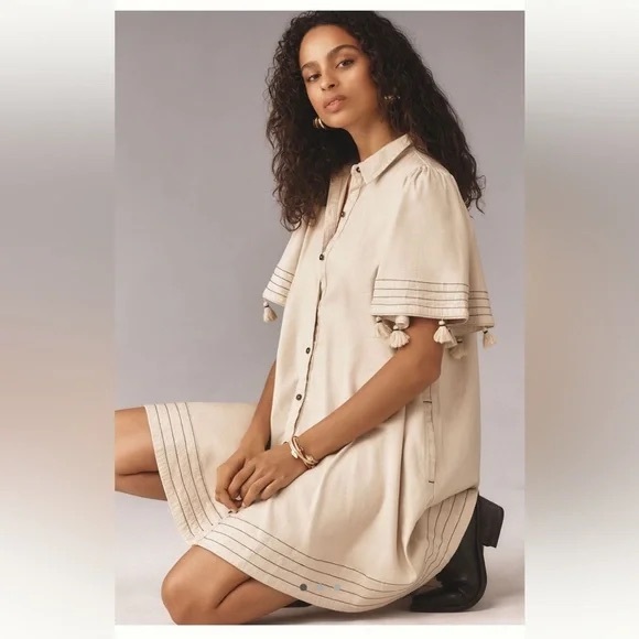 Maeve By Anthropologie Collared Button Down Mini Dress Size Medium Tan - Picture 2 of 12